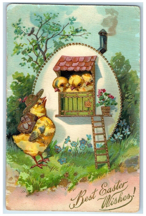 1910 Easter Big Egg Chicks In Cage Ladder Anthropomorphic Gel Gold Gilt Postcard