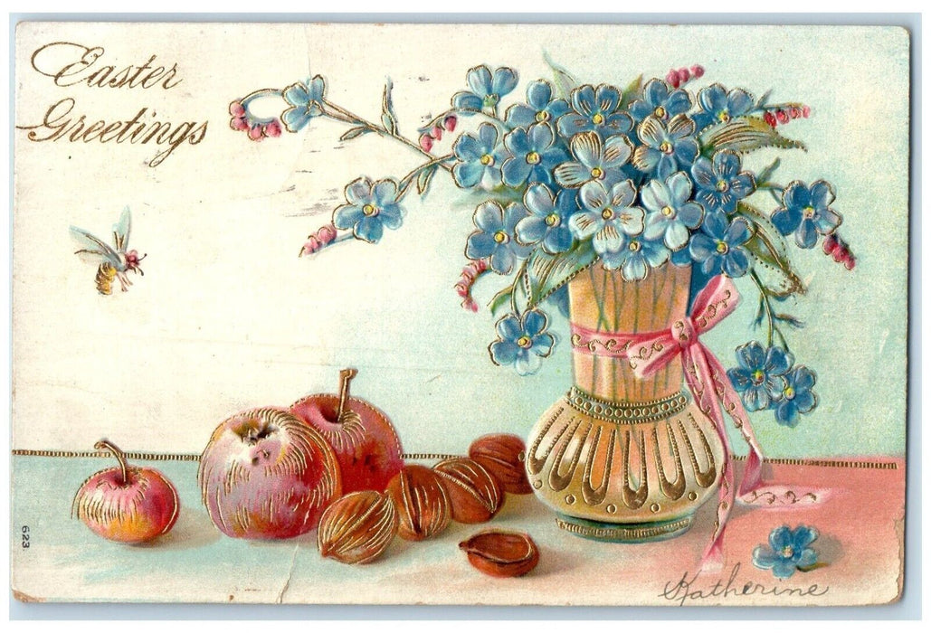 1907 Easter Greetings Flower Vase Apples Embossed Windsor CT Antique Postcard