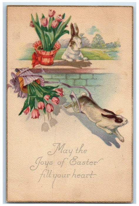 1923 Easter Bunny Rabbit Running Flowers Pot Fell New London CT Vintage Postcard