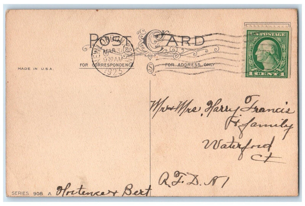 1923 Easter Bunny Rabbit Running Flowers Pot Fell New London CT Vintage Postcard