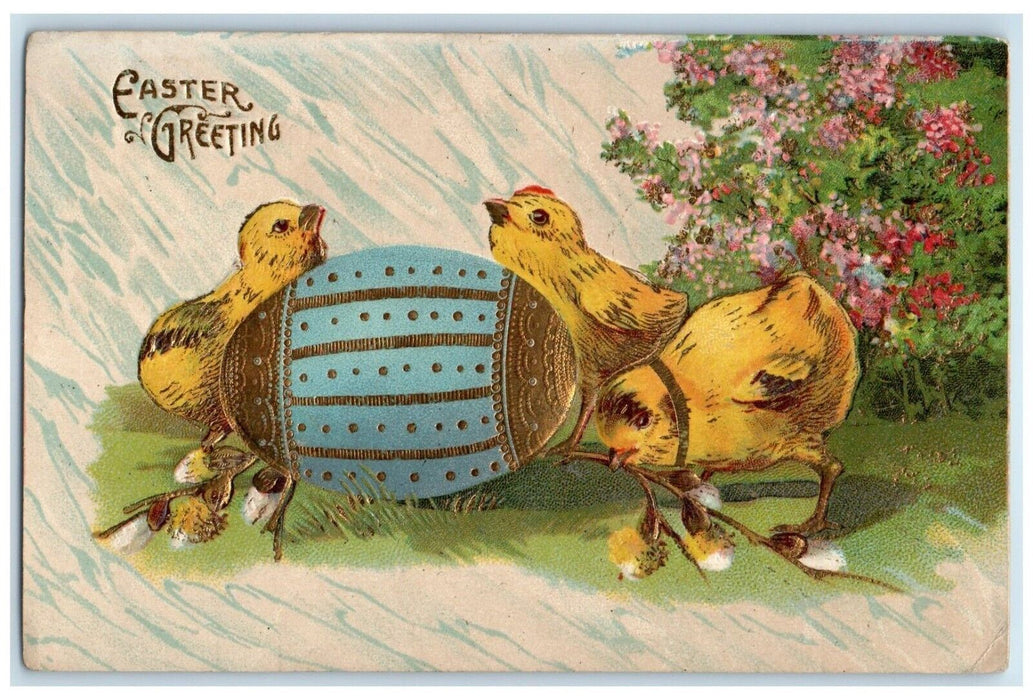 c1910's Easter Greetings Chicks Egg Pipe Berry Flowers Embossed Posted Postcard