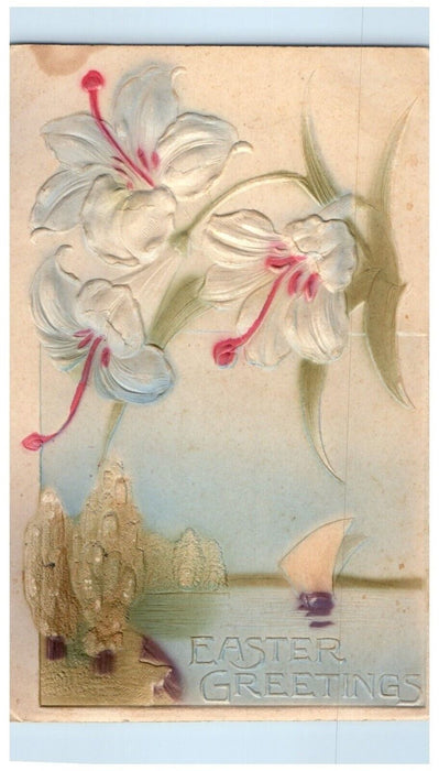 c1910's Easter Greetings Lily Flowers Sailboat Airbrushed Embossed Postcard