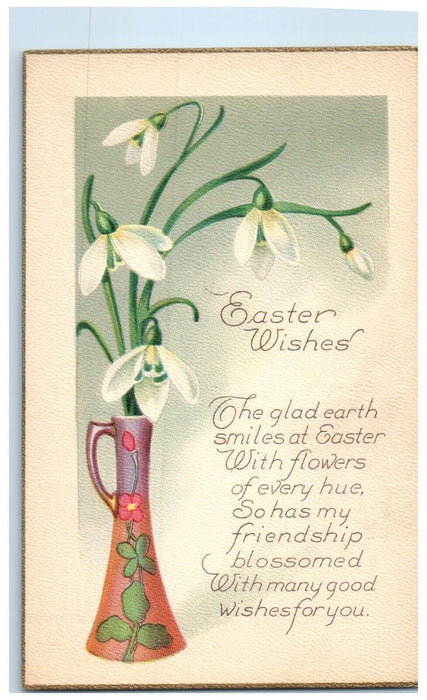 c1910's Easter Wishes Message White Flowers In Vase Unposted Antique Postcard