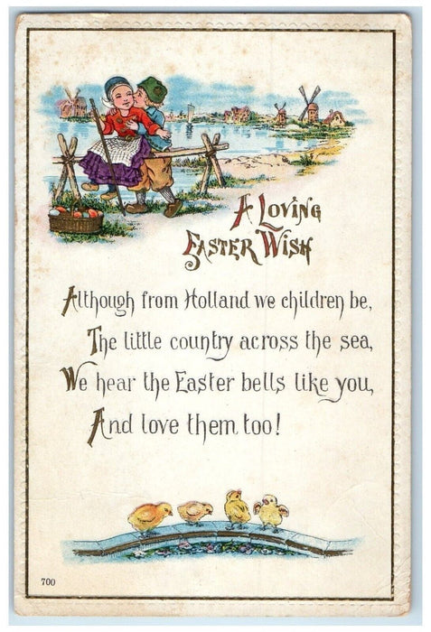 c1910's Easter Dutch Couple Kissing Basket Eggs Windmill Chicks Antique Postcard