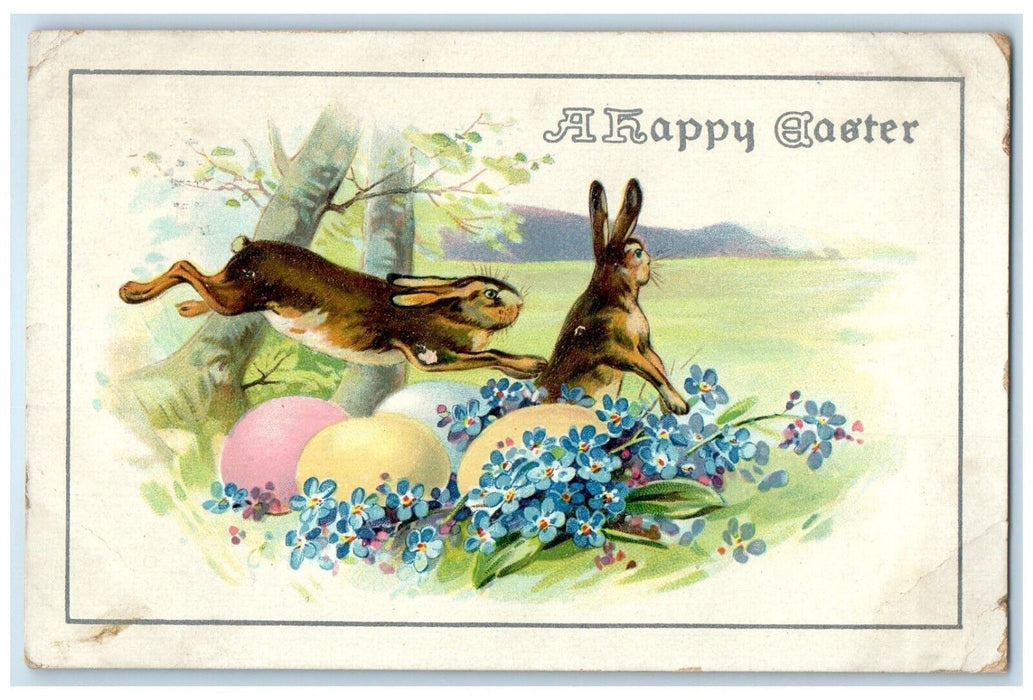 1913 Happy Easter Bunny Rabbit Eggs Pansies Flowers Embossed Antique Postcard