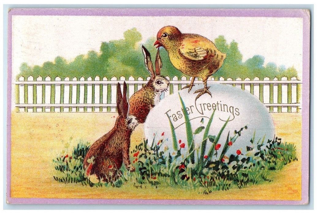 1913 Easter Greetings Bunny Rabbit Chick On Top Of Giant Egg Derby CT Postcard