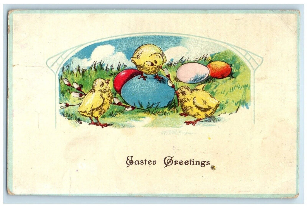 1912 Easter Greetings Chicks Eggs And Pipe Berry Embossed Brooklyn NY Postcard