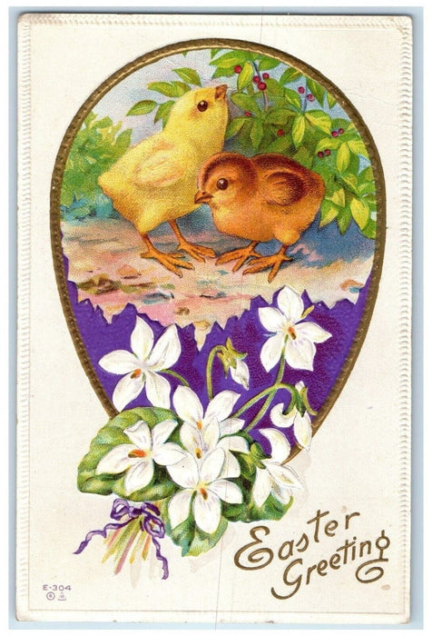 1913 Easter Greeting Chicks And White Flowers Embossed Brandford CT Postcard