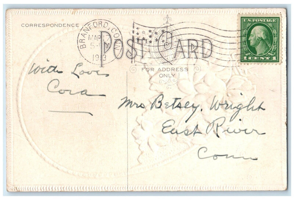 1913 Easter Greeting Chicks And White Flowers Embossed Brandford CT Postcard