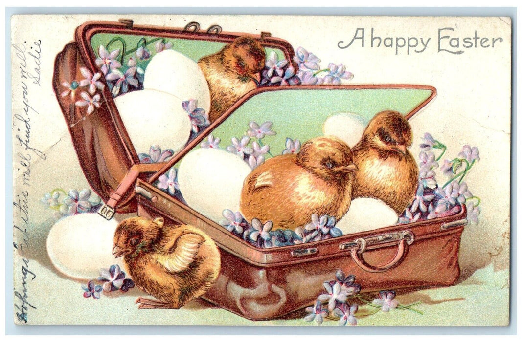 1907 Happy Easter Chicks Eggs And Pansies Flowers Clapsaddle Lyne CT Postcard