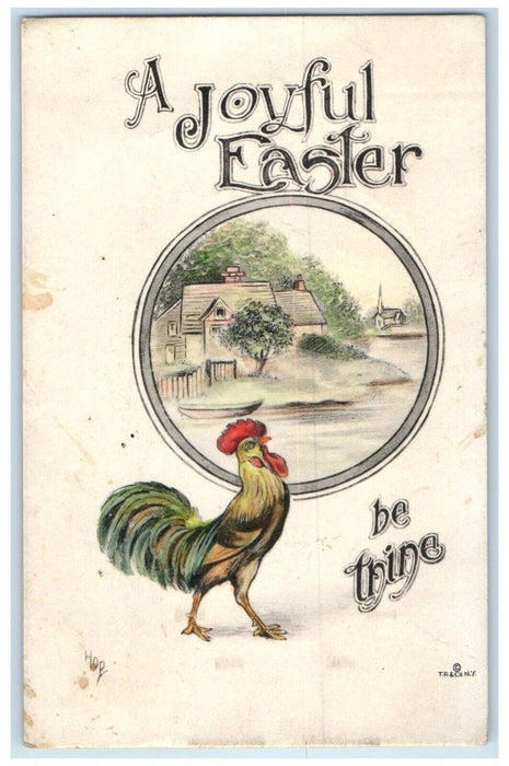 1913 Joyful Easter Rooster Chicken House Church Scene New Haven CT Postcard