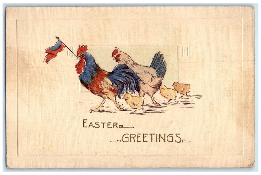 c1910's Easter Greetings Rooster Chicken Hen Chicks Embossed Antique Postcard