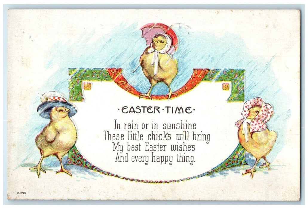1924 Easter Anthropomorphic Chicks Rain Or In Sunshine Embossed Antique Postcard