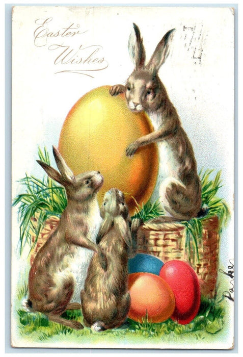 1907 Easter Wishes Bunny Rabbit Eggs Basket Embossed Tuck's Hartford CT Postcard