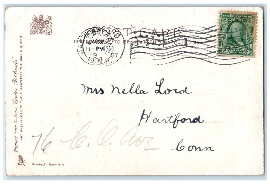 1907 Easter Wishes Bunny Rabbit Eggs Basket Embossed Tuck's Hartford CT Postcard