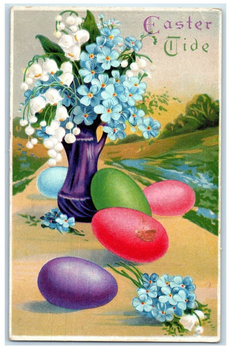 c1910's Easter Pansies Flowers In Vase Eggs Embossed Posted Antique Postcard