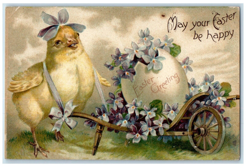 Easter Greetings Chick Pulling Cart Flowers In Hatched Egg Clapsaddle Postcard