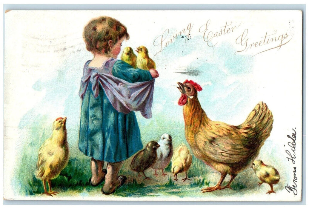 1907 Easter Greetings Little Kid Chicken Hen Chicks Embossed Tuck's Postcard