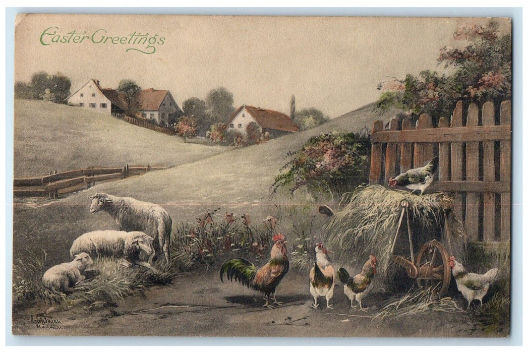 c1910's Easter Greetings Sheep And Chicken Hen Winsch Back Antique Postcard