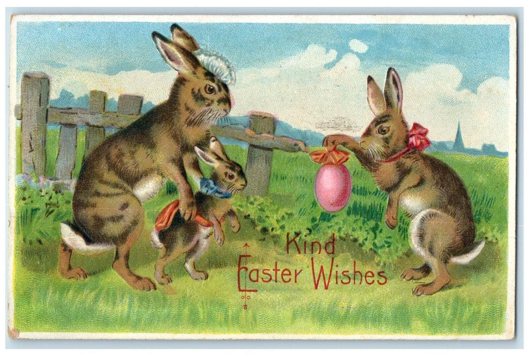 1909 Easter Wishes Anthropomorphic Bunny Rabbit Holding Eggs Embossed Postcard