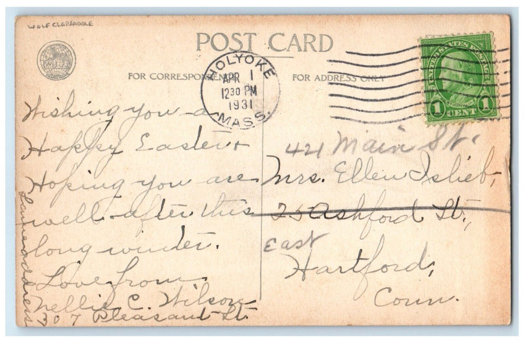 1931 Easter Flowers House Trees Wolf Clapsaddle Holyoke MA Antique Postcard