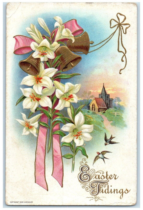 c1910's Easter Tidings Ringing Bells Lily Flowers Wessler Embossed Postcard