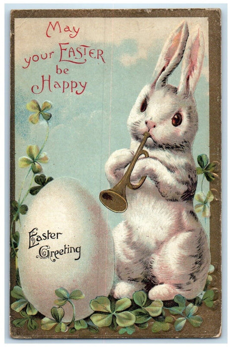 c1910's Easter Greetings Bunny Rabbit Shamrock Embossed Middletown CT Postcard