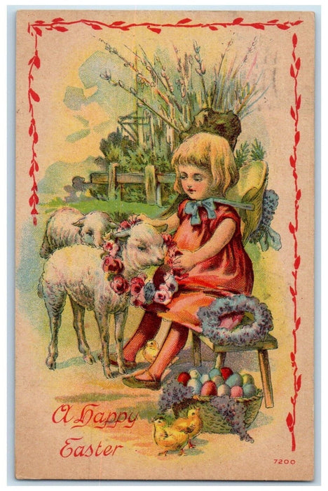 1912 Happy Easter Little Girl Lamb Eggs In Basket New London CT Antique Postcard