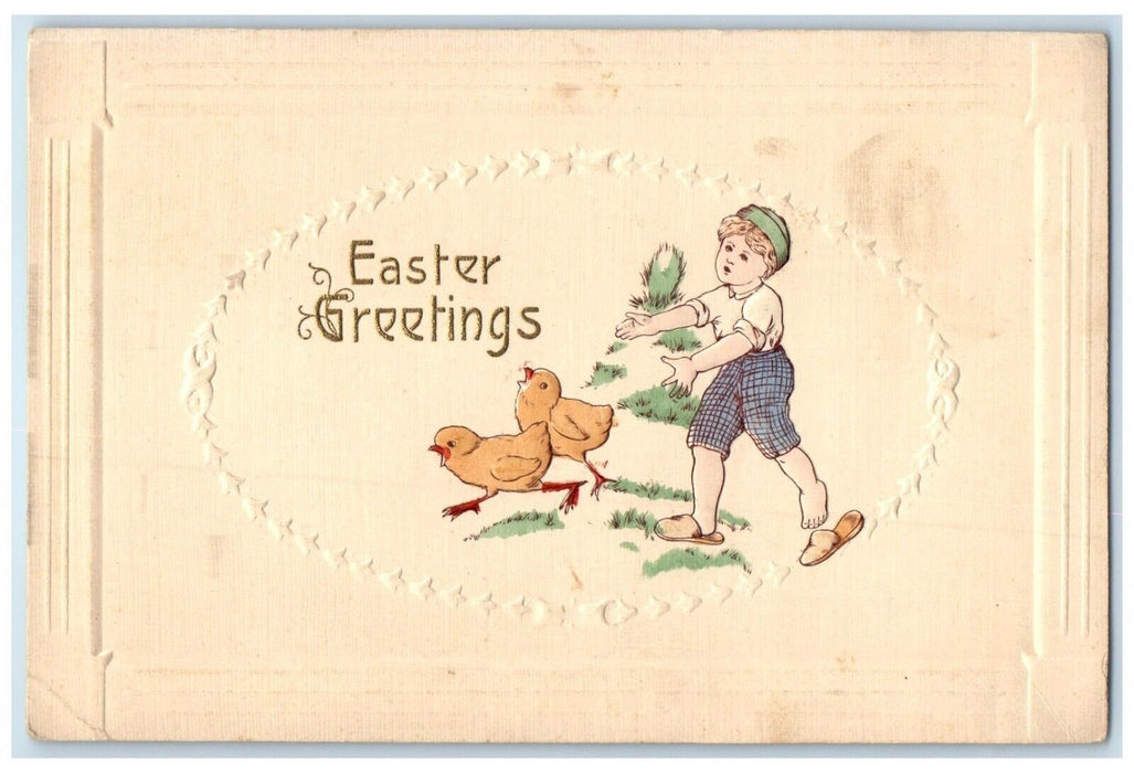 c1910's Easter Greetings Boy Chasing Chicks Embossed Posted Antique Postcard