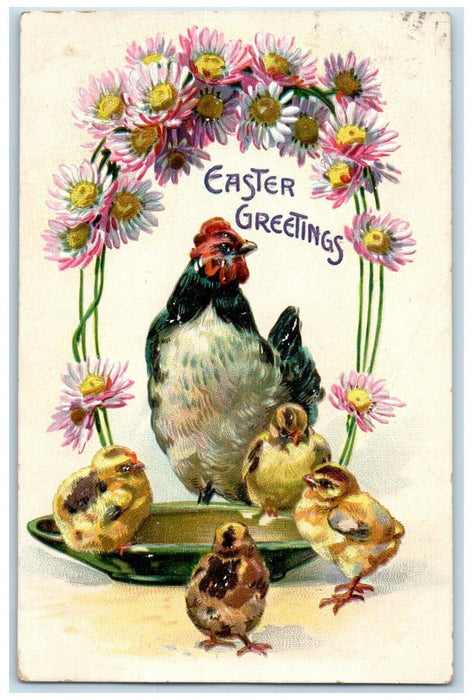 c1910's Easter Greetings Chicken Hen Chicks Daisy Flowers Tuck's Posted Postcard