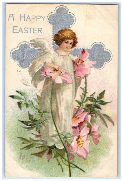 1908 Happy Easter Holy Cross Angel Flowers Embossed Clapsaddle Antique Postcard