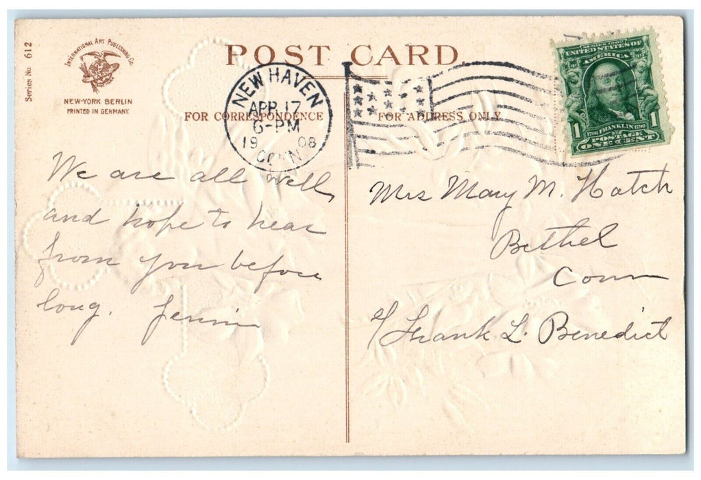 1908 Happy Easter Holy Cross Angel Flowers Embossed Clapsaddle Antique Postcard