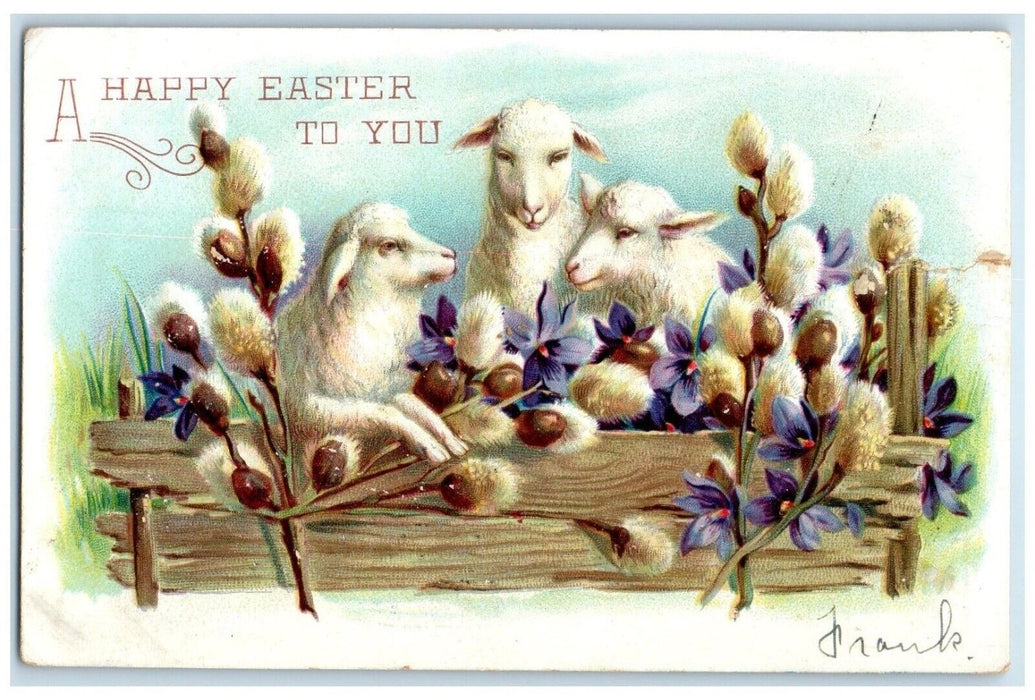1907 Happy Easter Lamb Flowers Pipe Berry Embossed Tuck's Antique Postcard