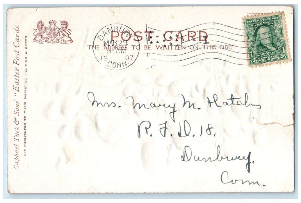1907 Happy Easter Lamb Flowers Pipe Berry Embossed Tuck's Antique Postcard