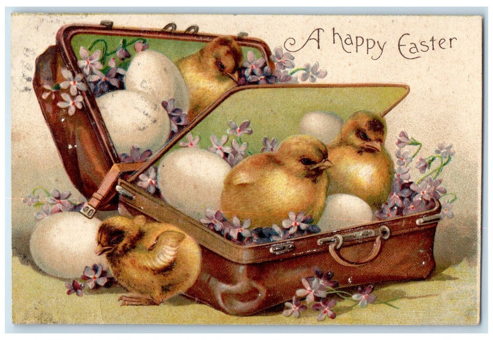 c1910's Happy Easter Chicks And Eggs Pansies Flowers Clapsaddle Antique Postcard