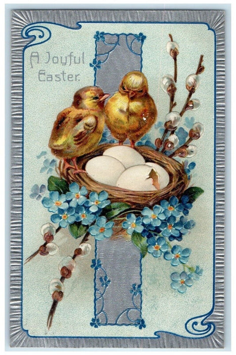 1909 Easter Chicks Eggs Nest Pansies Flowers Pipe Berry Embossed Posted Postcard