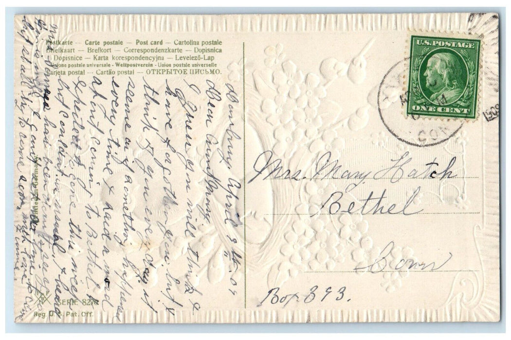 1909 Easter Chicks Eggs Nest Pansies Flowers Pipe Berry Embossed Posted Postcard