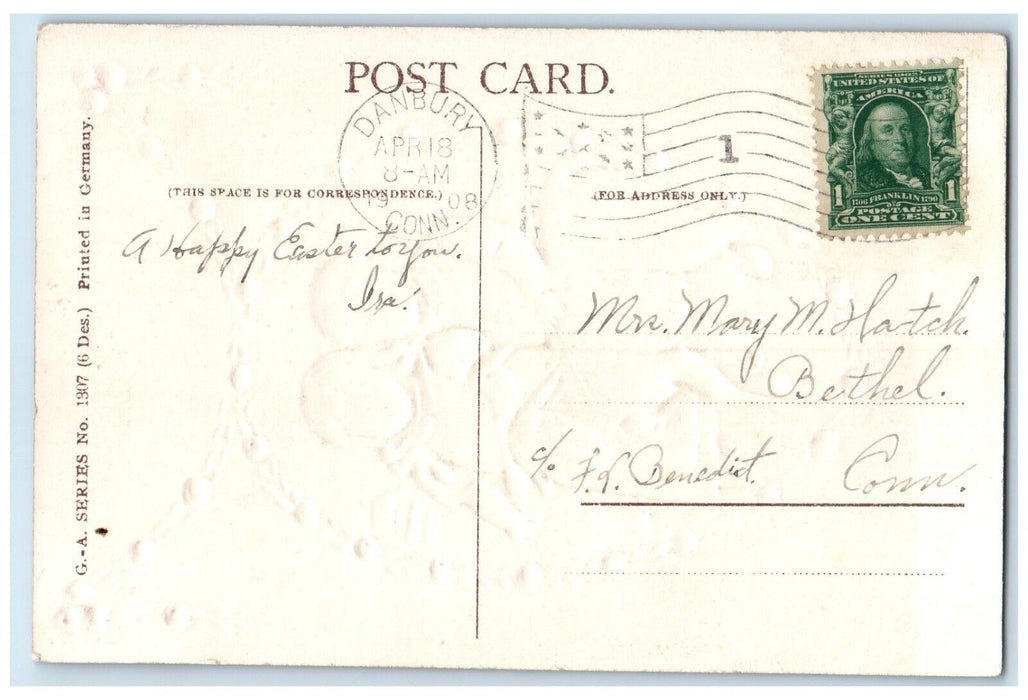 1908 Easter Children And Lamb Roses Flowers Embossed Danbury CT Antique Postcard