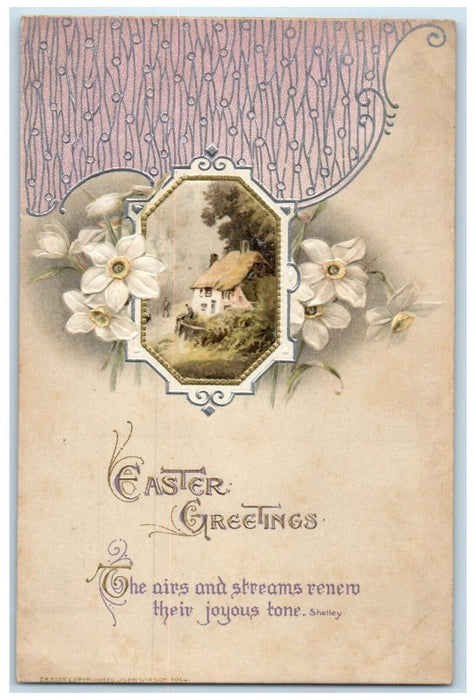 c1910's Easter Greetings Flowers House Winter John Winsch Artist Signed Postcard