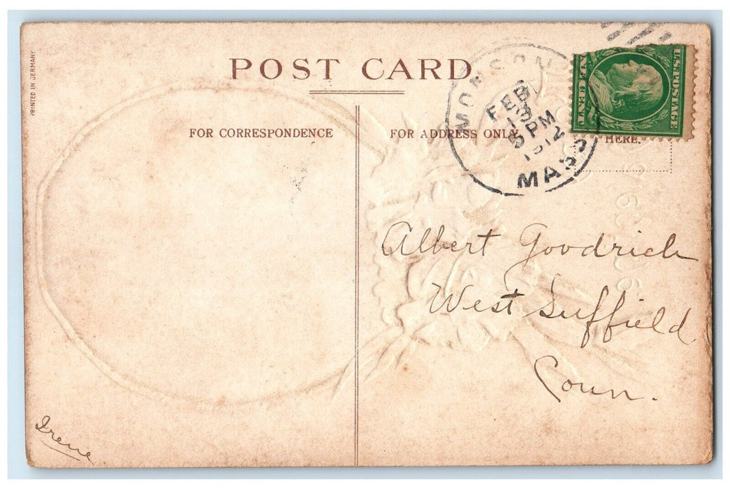 1912 Valentine Cupid Angel Flowers Embossed West Suffield CT Antique Postcard