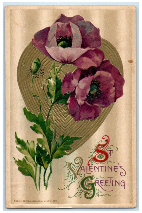 1912 Valentine Greeting Heart And Flowers John Winsch Artist Signed Postcard