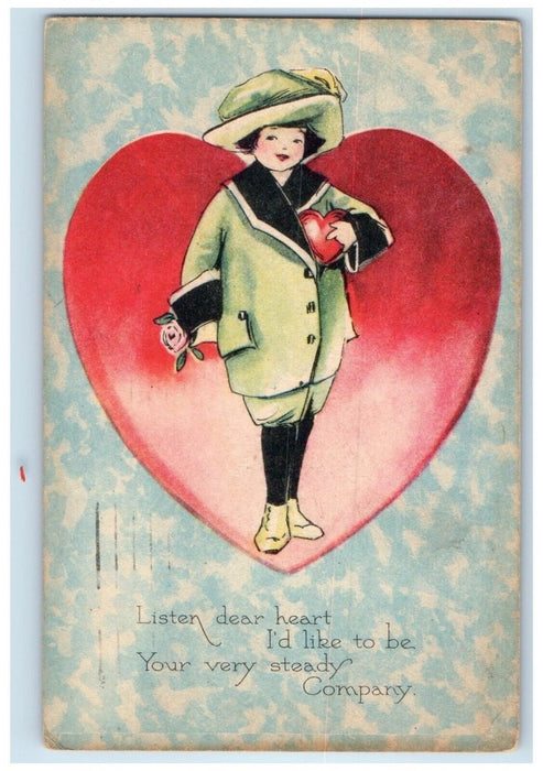 1923 Valentine Woman Big Heart Holding Rose Flower Gibson Hartford CT Postcard