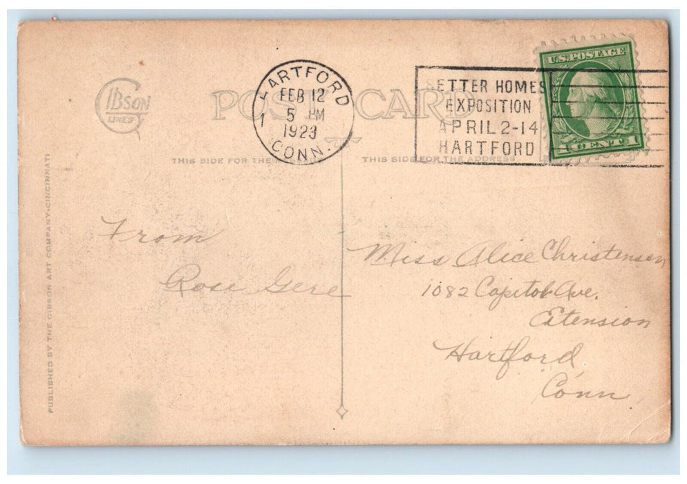 1923 Valentine Woman Big Heart Holding Rose Flower Gibson Hartford CT Postcard