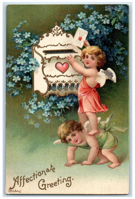 1907 Valentine Greeting Cupid Angel Dropping Letter Pansies Clapsaddle Postcard