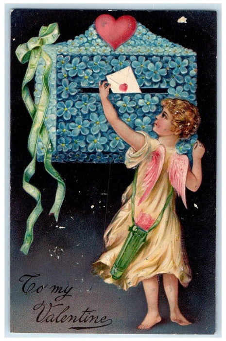 c1910's Valentine Girl Cupid Angel Dropping Letter Pansies Flowers Postcard