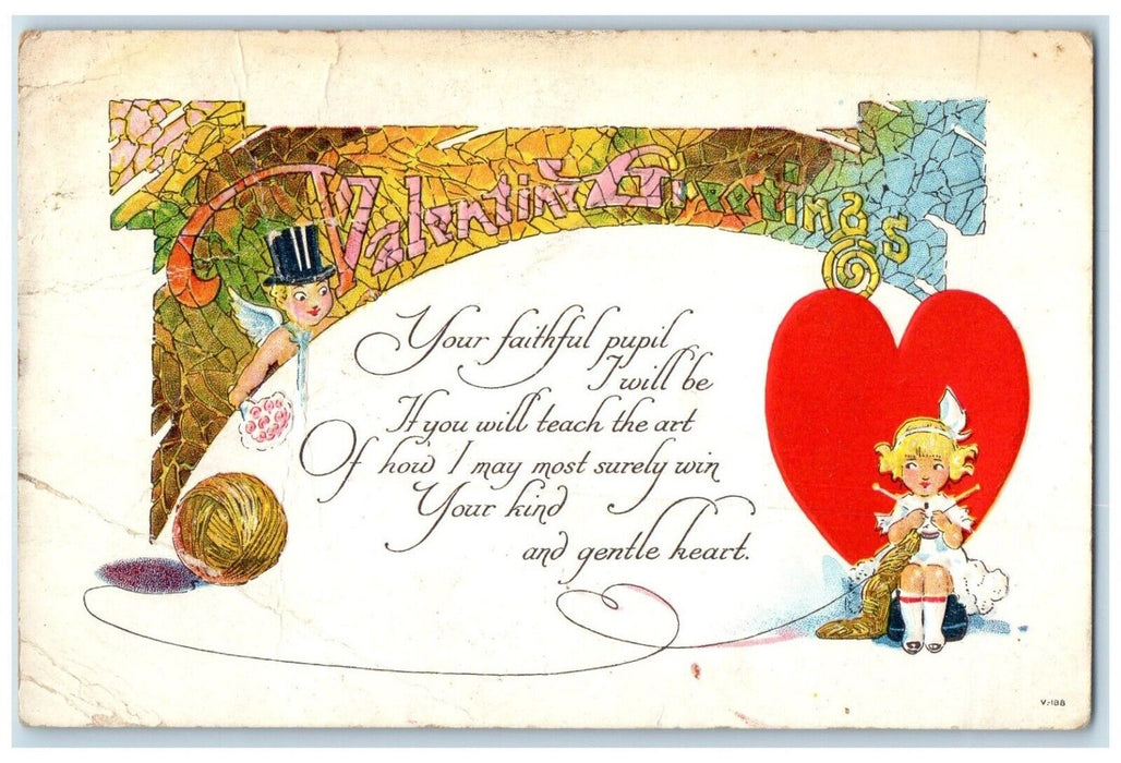 1923 Valentine Greetings Girl Stitching Yarn Heart Embossed Essex CT Postcard