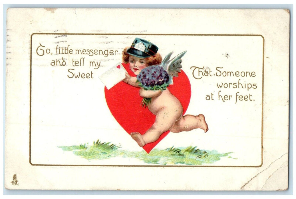 1913 Valentine Cupid Angel With Flowers Letter Heart Tuck's Hartford CT Postcard