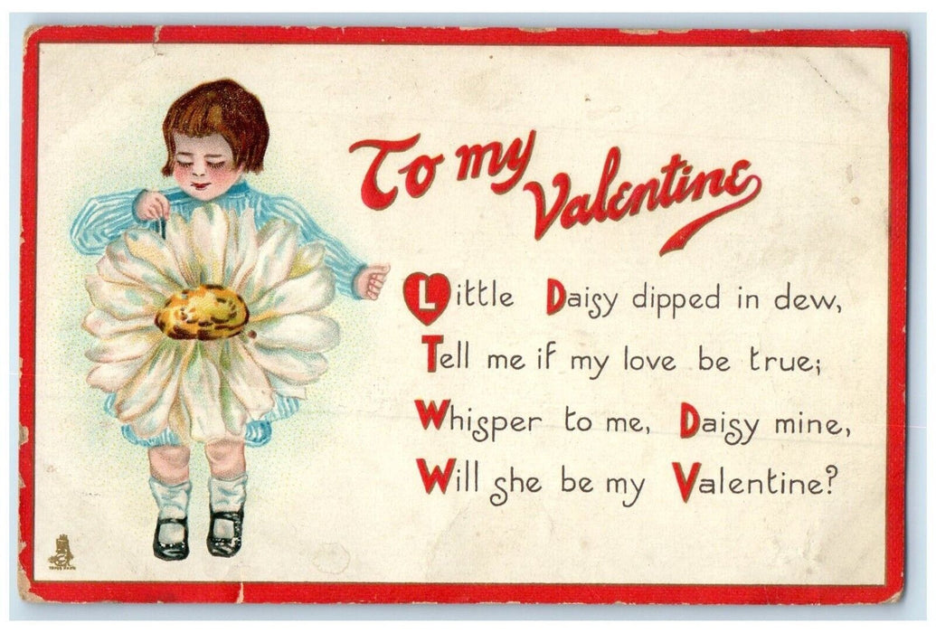 c1910's Valentine Little Girl With Flower Embossed Tuck's Antique Postcard