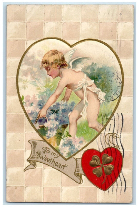 1910 Valentine Cupid Angel Harvested Flowers Basket Heart Embossed Postcard