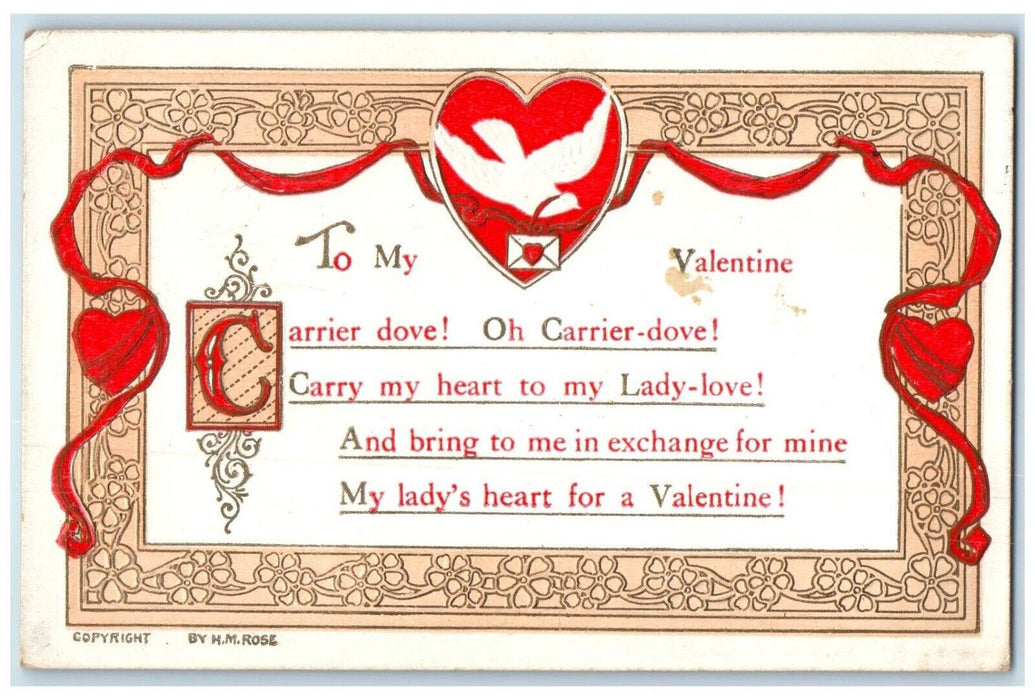 c1910's Valentine Message Dove In Heart Embossed Syracuse New York NY Postcard